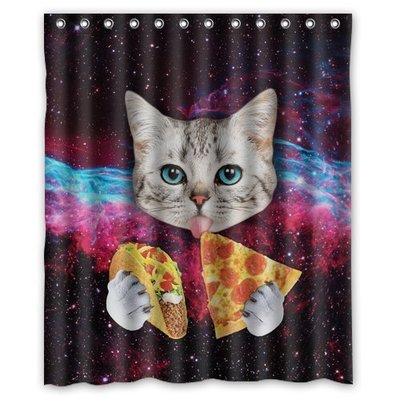 Custom Space Nebula Universe Cat Eating Pizza Shower Curtain