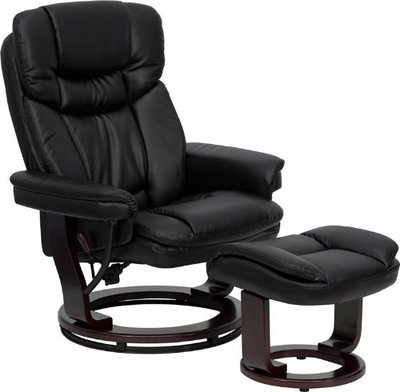 Flash Furniture BT-7821-BK-GG Contemporary Black Leather Recliner/Ottoman with Swiveling Mahogany Wood Base